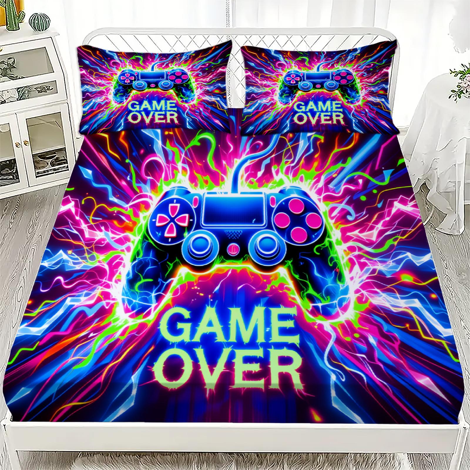 

3PCS Neon Graffiti Gaming Controller Fitted Sheet Flat Sheet Set Vibrant Gaming Bed For Teen Boys Queen Size Trendy Room Decor 120x200x25cm