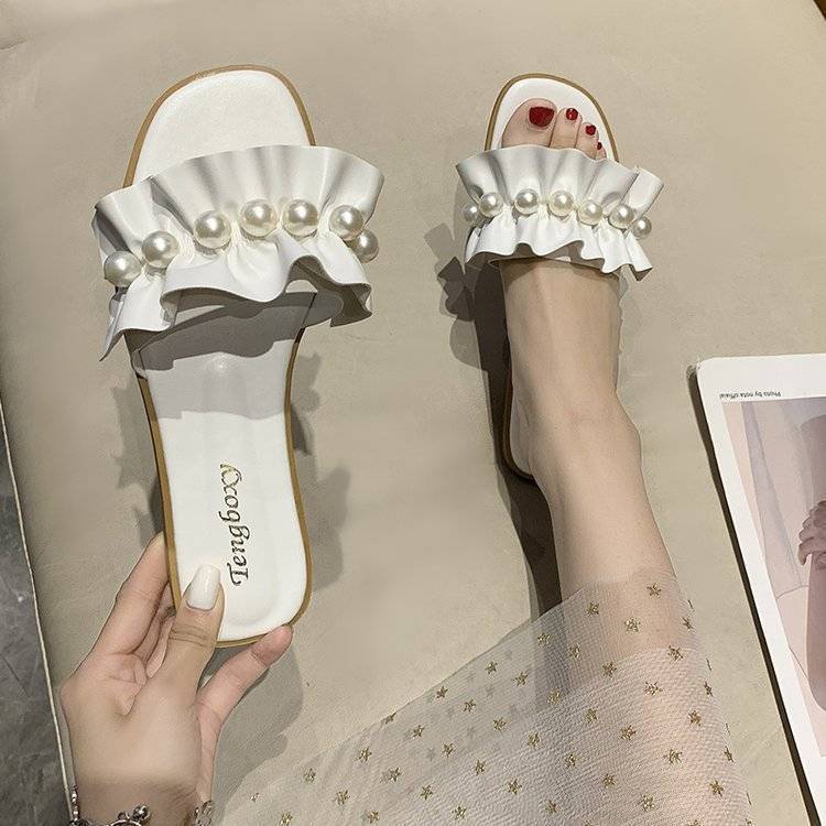 35-42 Large Size Women's Shoes Cool Slippers Women's Summer Fashion Outer Wear 41 Fairy Wind Sweet Pearl Flat Bottom One-word Drag 42
