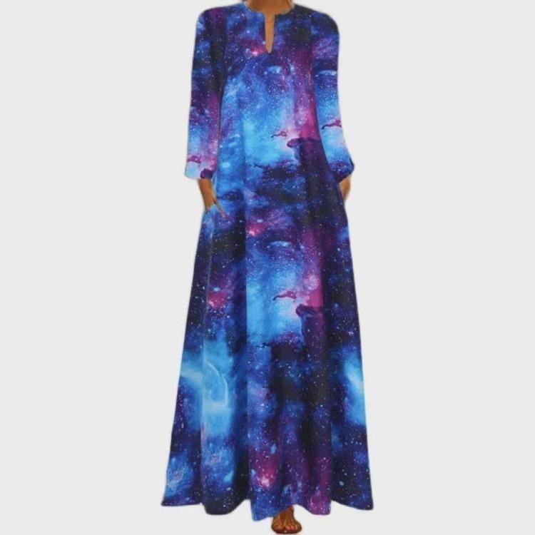 3D Print Starry Sky Maxi Dress Long Sleeve New Fashion
