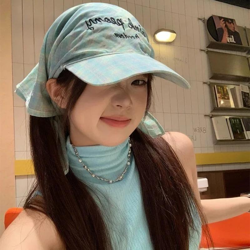 New Korean Original Ins Plaid Triangle Scarf Cap Women'S Y2K Spicy Girl Bucket Hat Trendy Sun Protection Summer Hat Baseball Cap