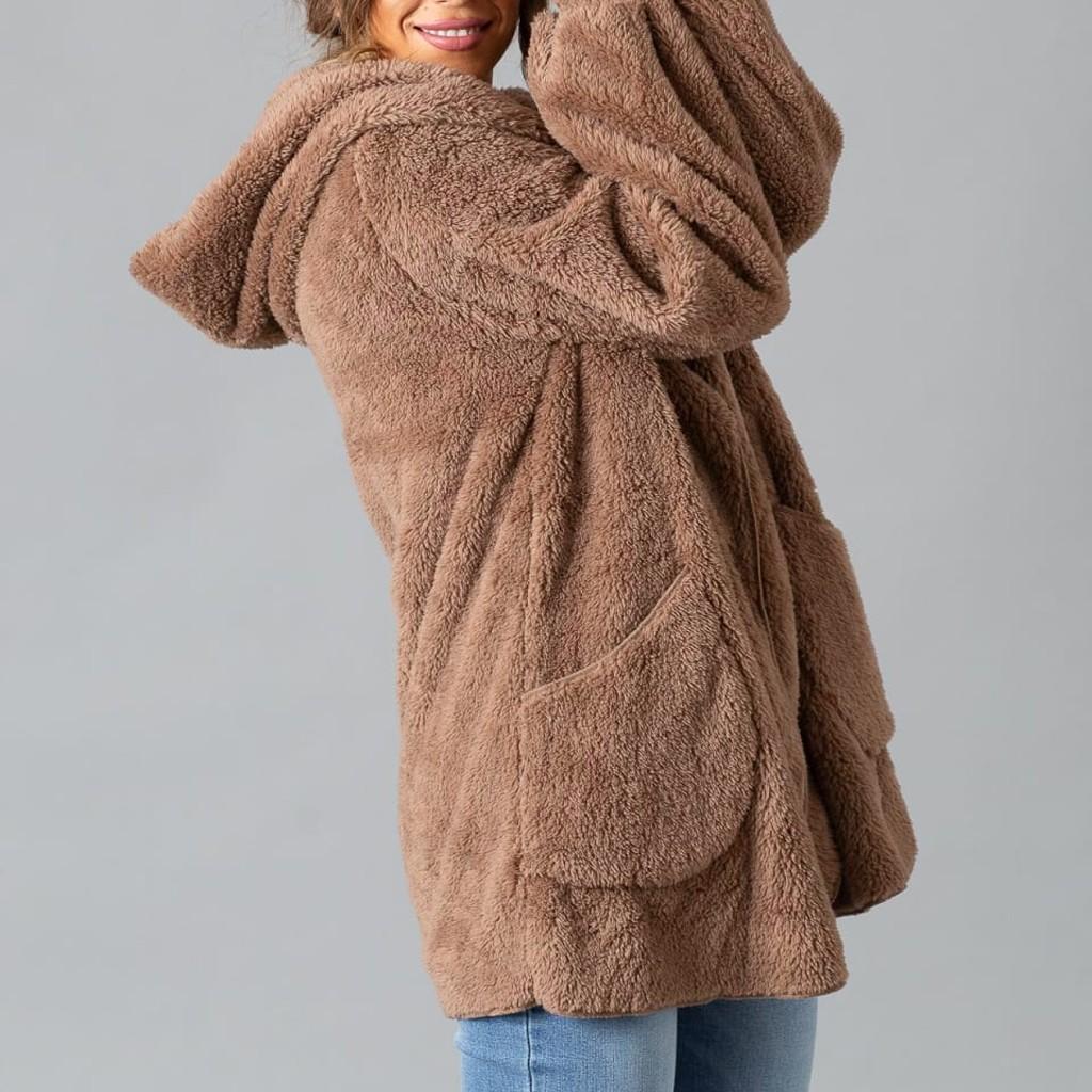 Women's Faux-Fur Shaggy Winter Coat Long Sleeve Open Front Outwear Hooded Jacket