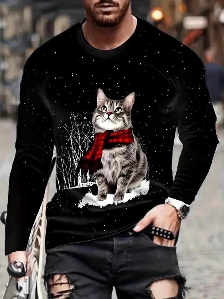 Men's T-Shirts Cute Cat Graphic T Shirts Y2k Casual Loose Long Sleeve Tee Outdoor Autumn O-Neck Tops Comfortable Men's Clothing