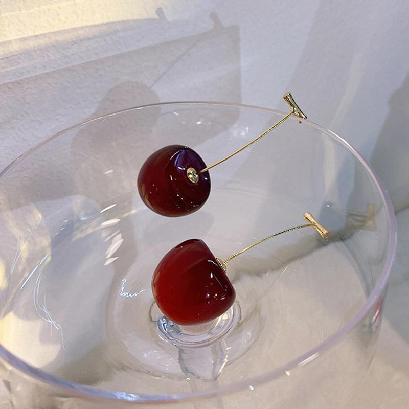 Burgundy long cherries earrings atmospheric retro stud earrings cold wind show face thin earrings