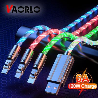 VAORLO Glowing RGB Fast Charging Cable 120W 6A Max Qucikly Charge For Type-C USB Micro 8Pin Data Cable Charging Line For Xiaomi Huawei IOS