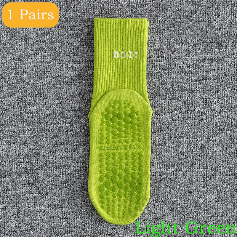 2 Pairs Sports Socks Cotton Mid-calf Yoga Socks Solid Striped Breathable Anti-slip Indoor Fitness Socks Gym Dance Pilates Socks