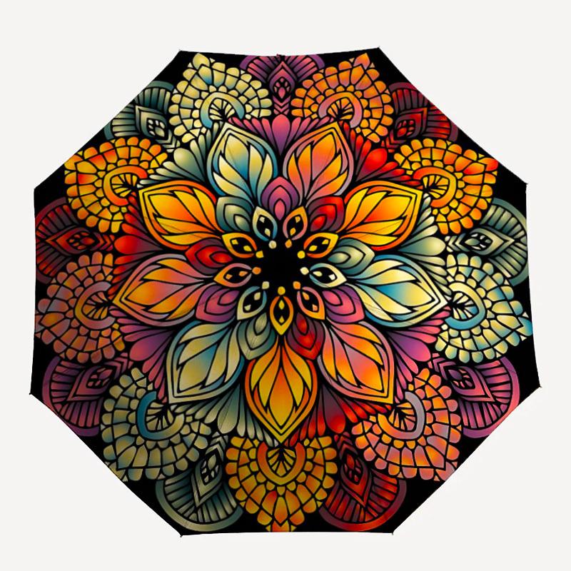

1pc Floral Mandala Automatic Folding Umbrella with 8 Bones, 3-Fold Compact Umbrella, Compact Design On-the-Go Essential, casual outdoor acce
