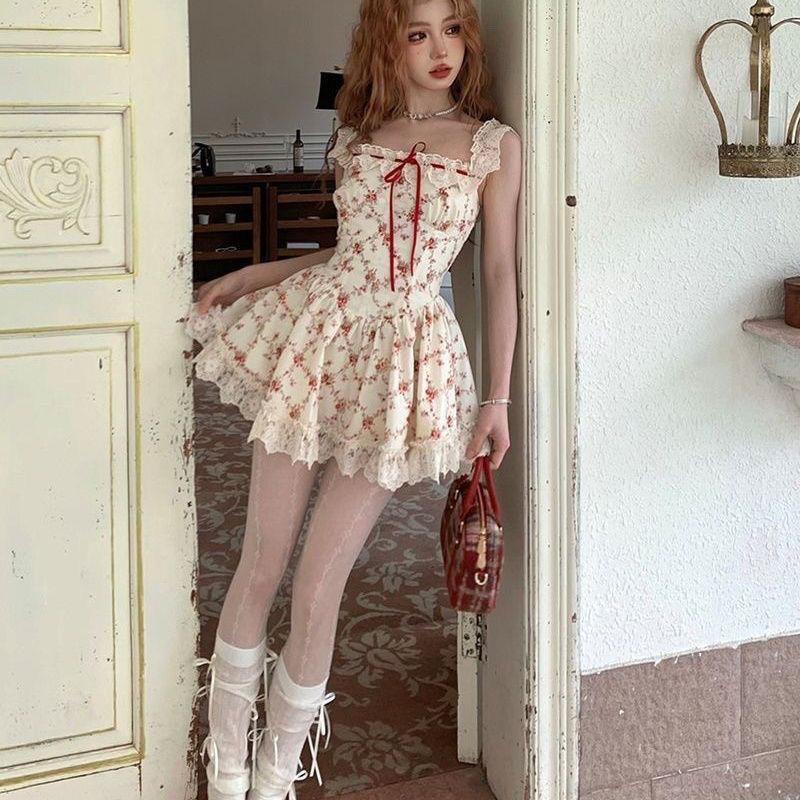 Sweet Floral Dress Set Woman Casual Red Short Cardigan Elegant Lace Mini Dress Female Korean Prairie Chic Clothing Suit