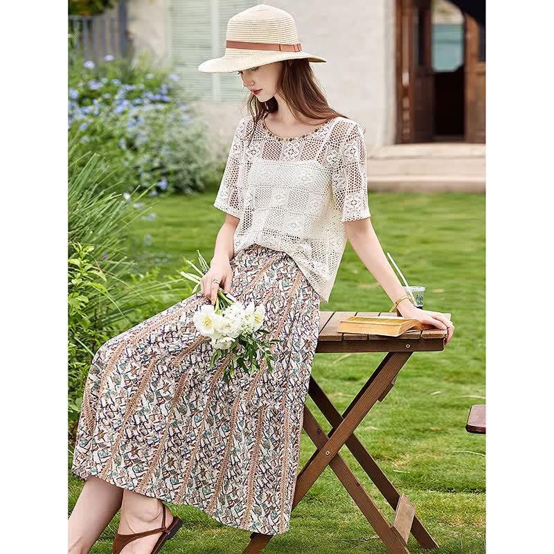 Elegant Summer Knit Top & Floral Skirt Set