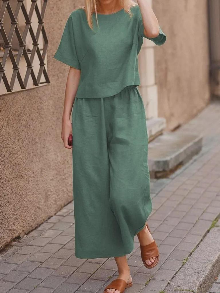 Plus Size Casual Solid Color Short Sleeve Sportswear Set