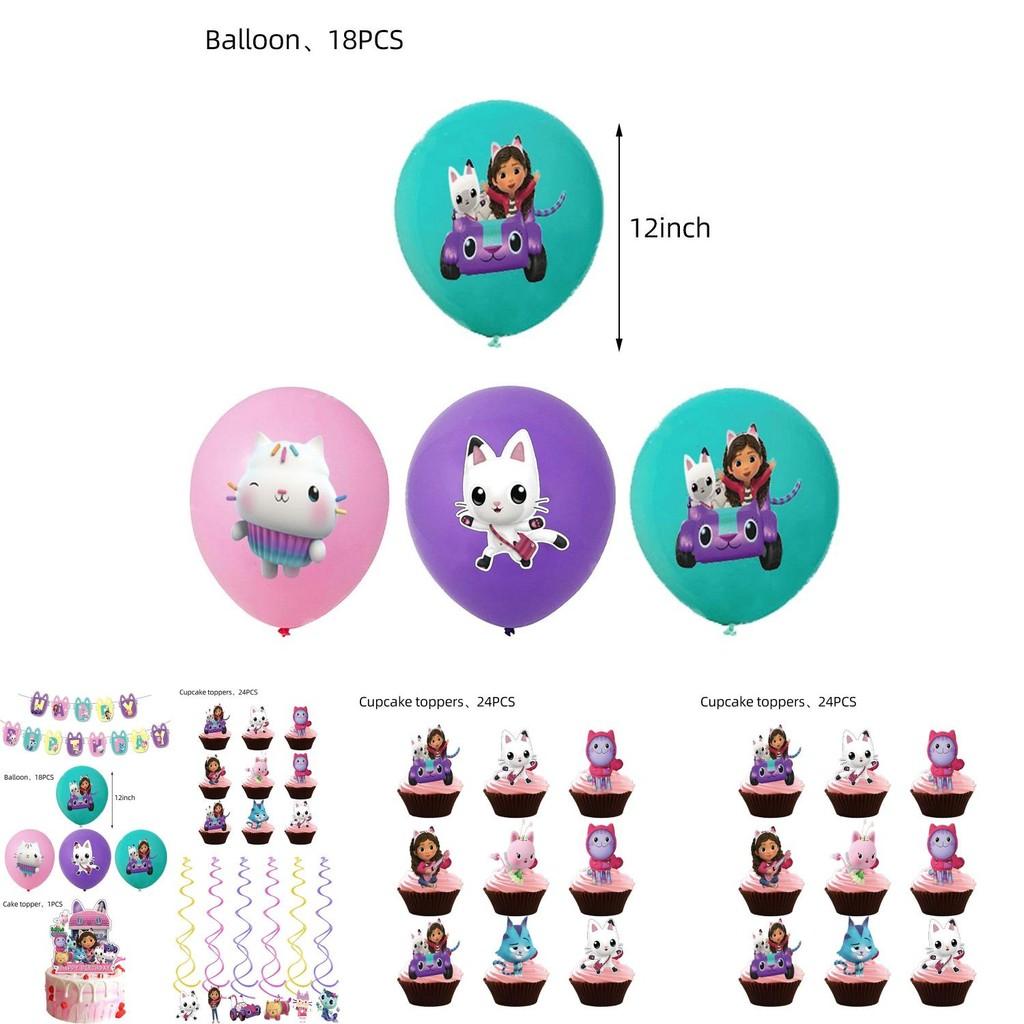 Vibrant Gabbys Dollhouse Theme Party Decorations Including Balloons Cake Topper And Banners