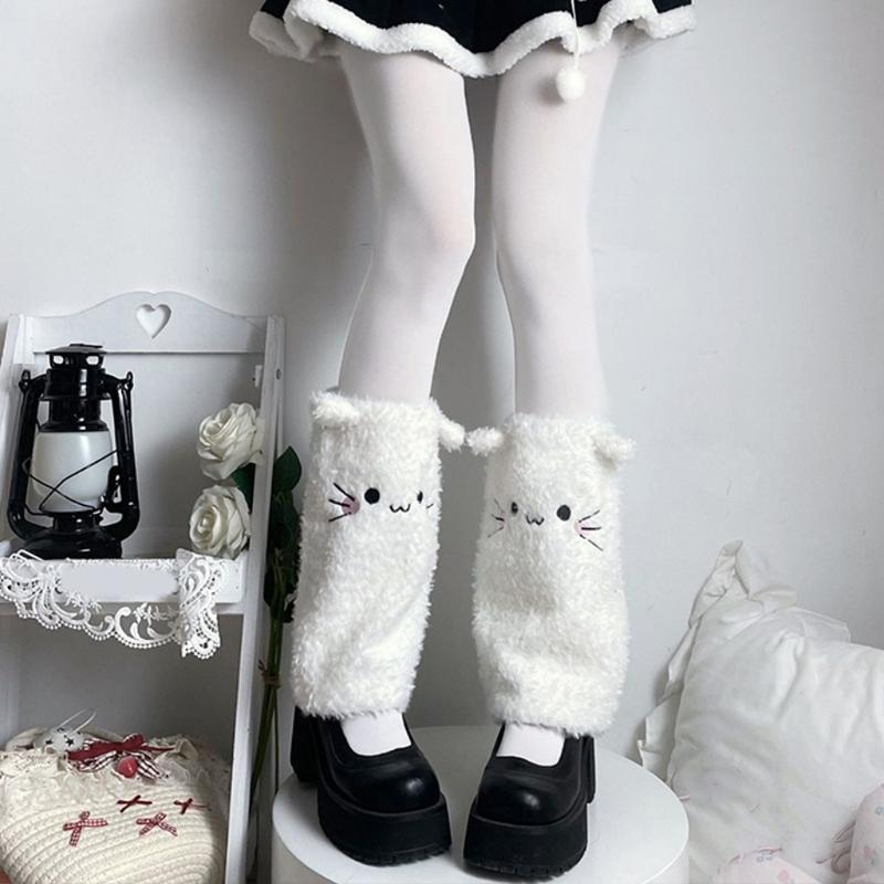 Japanese Cute Cats Ears Faux Furs Leg Warmers for Women Girls Warm Thermal Fuzzy Plush Foot Covers Long Calf Socks