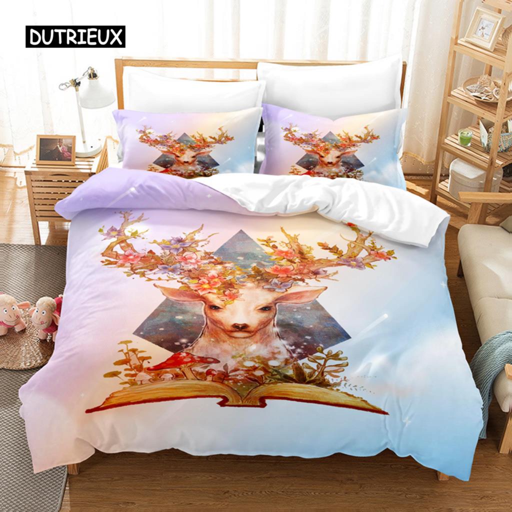 Elch Bettbezug Set Tier Rentier Bettwäsche Set für Kinder Hirsch Tiermotiv für Kind Jugendliche Doppel Queen King Polyester Steppdeckenbezug