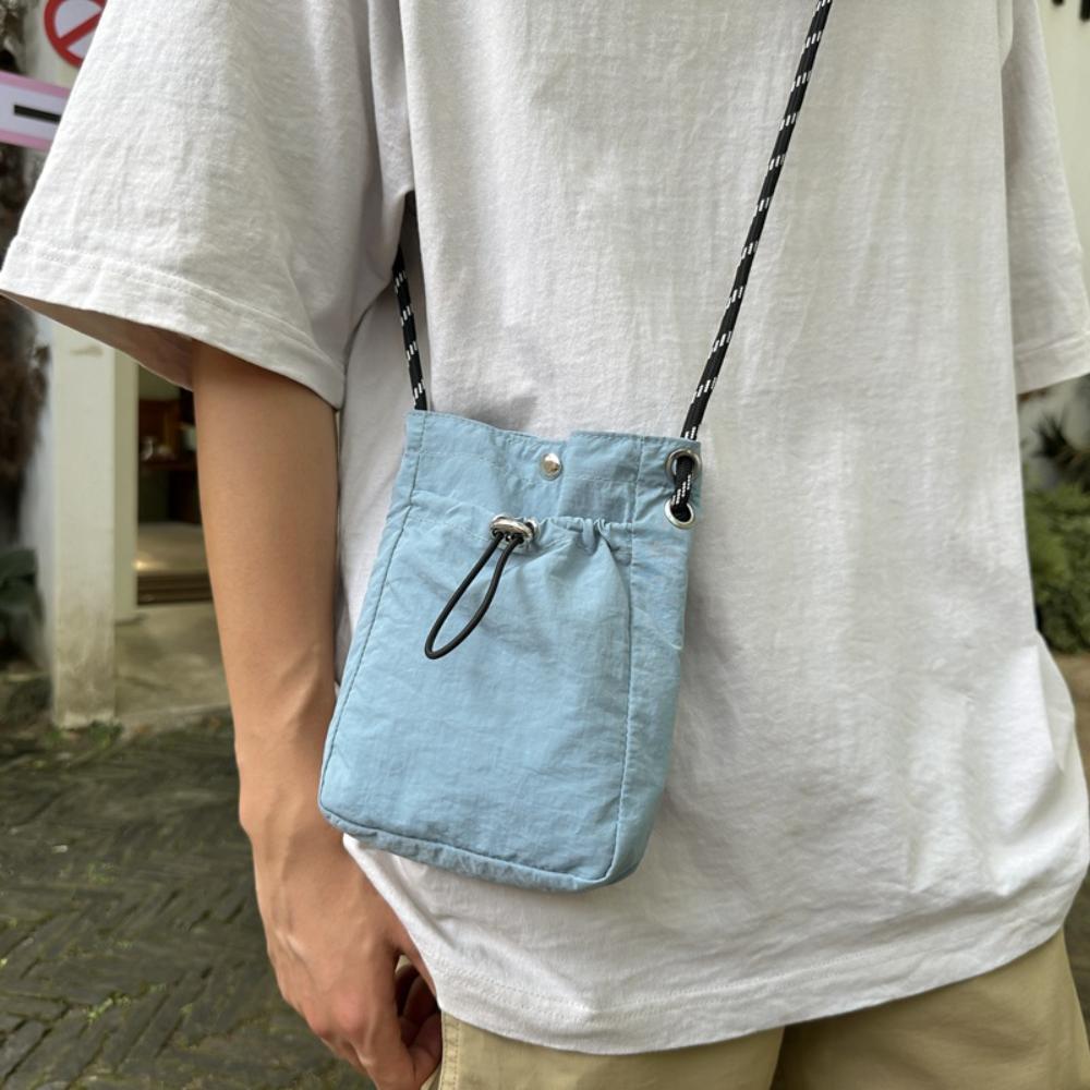 Korean Fashion Mini Nylon Shoulder Bag For Men Women Chic Crossbody Bucket Bag Casual Small Handbag Drawstring Purse Phone Pouch