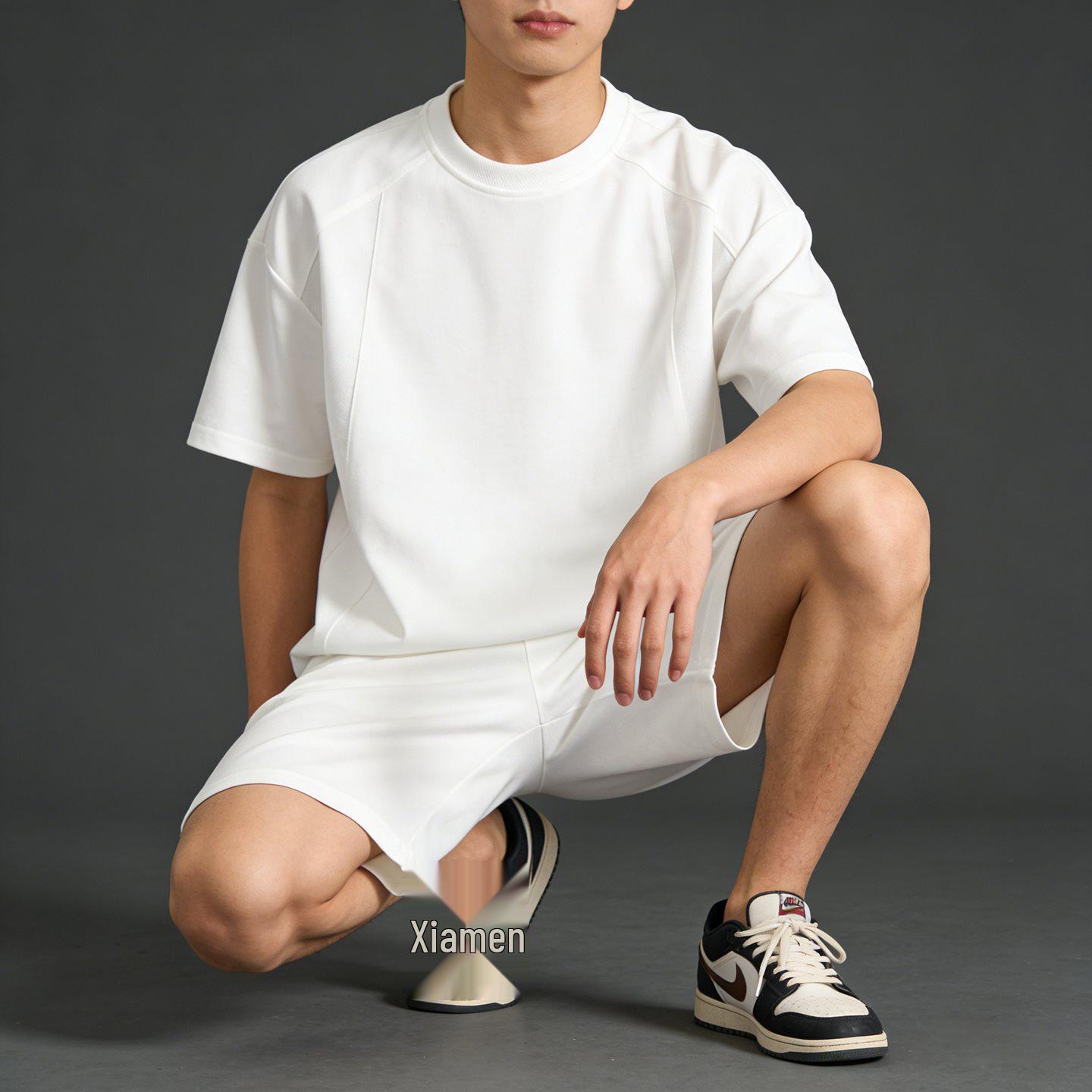 

Хлопковый топ с коротким рукавом и круглым вырезом и комплект шорт - Модный твил свободного кроя 3XL белый