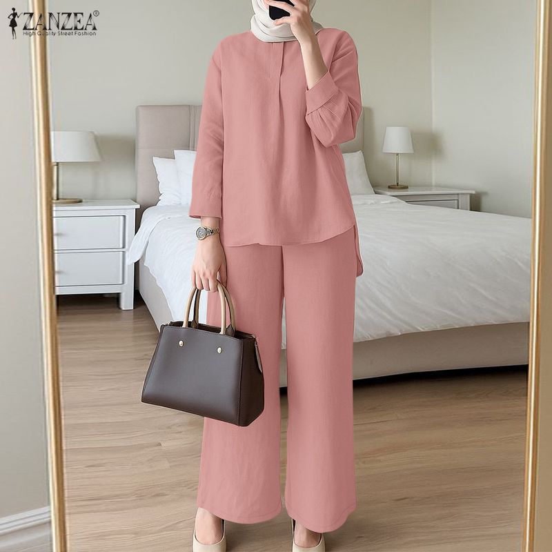 ZANZEA Women Long Sleeve Blouse and Pants Muslim Casual Two Piece Suit Sets