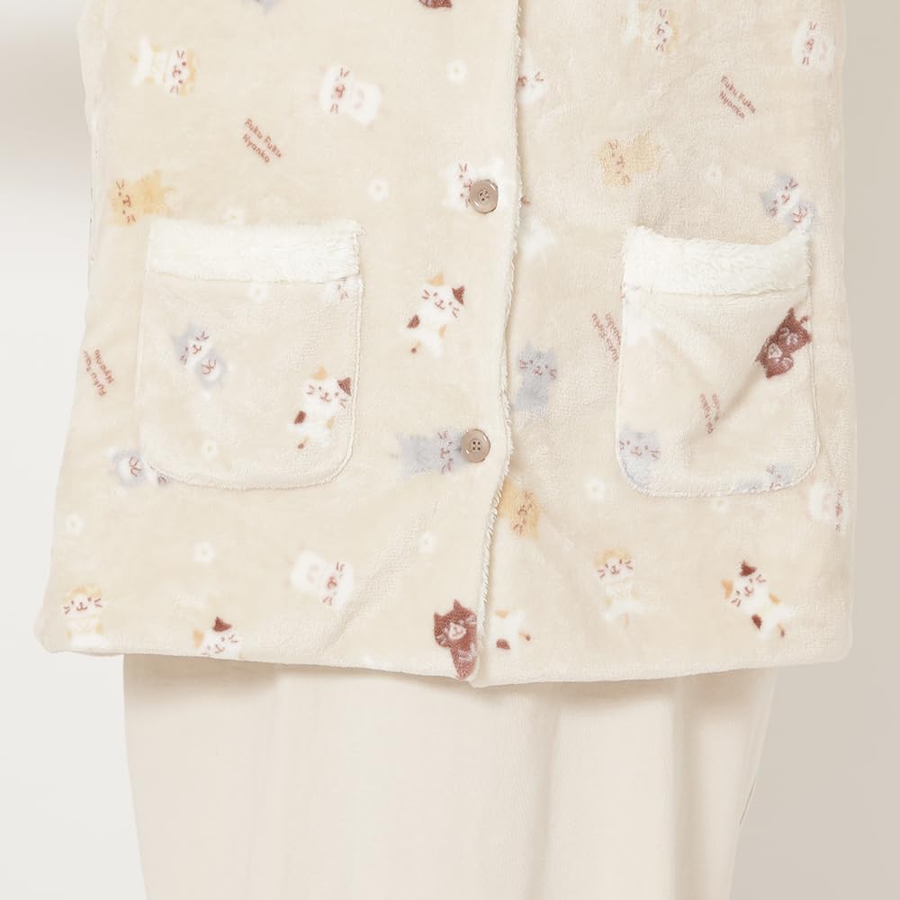 FUKU FUKU NYANKO Flannel Loose Comfortable Sizes Cat Fluffy Happins Vest, Sleeveless, Collared, Warm, Fit, Loungewear, M-L, Design, Beige, Pink, Cute,