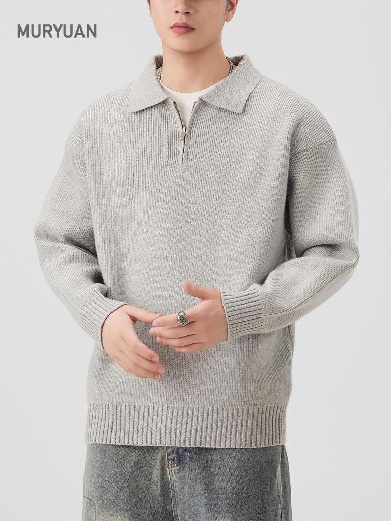 Mu Yuan Unisex American Cleanfit Polo Collar Sweater - Casual, Loose, Versatile Knitwear for Men