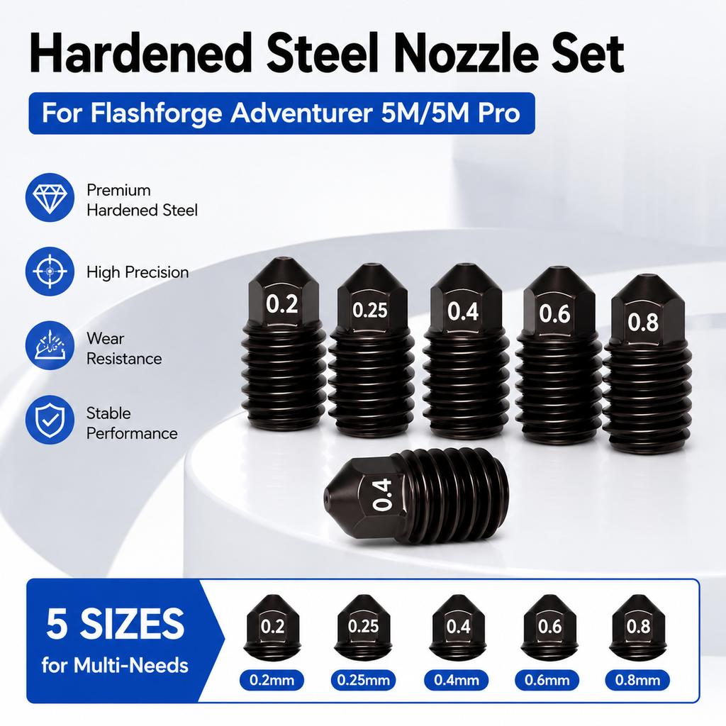 For Flashforge Adventurer 5M (AD5M) Hot End, Brass Nozzle & Hardened Steel Nozzle Kit, Bore Sizes: 0.2mm / 0.25mm / 0.4mm / 0.6m