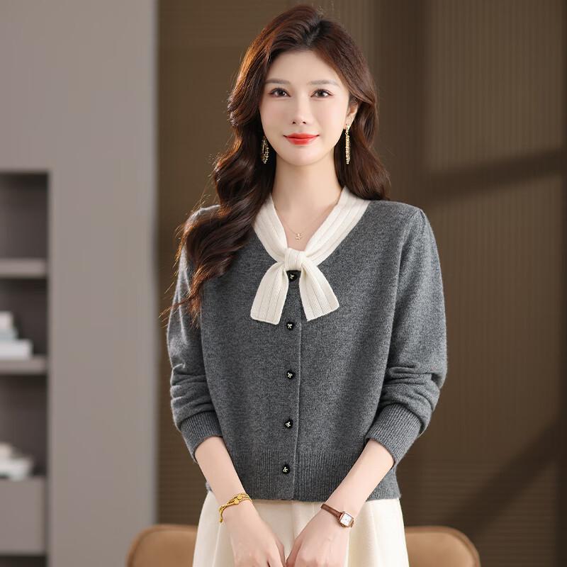 Caiyang Women s 100% Wool Bow Collar Knit Cardigan M
