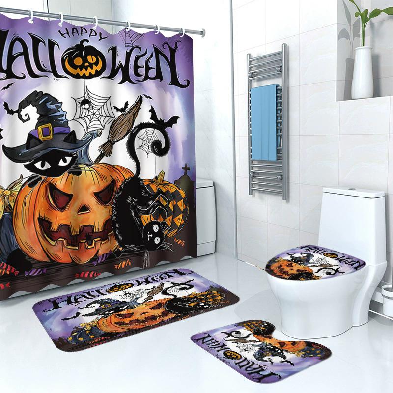 HOT Halloween Ghost Pumpkin Skull Shower Curtain Set with Non-Slip Rugs Toilet Lid Cover and Bath Mat Washable Trick or Treat