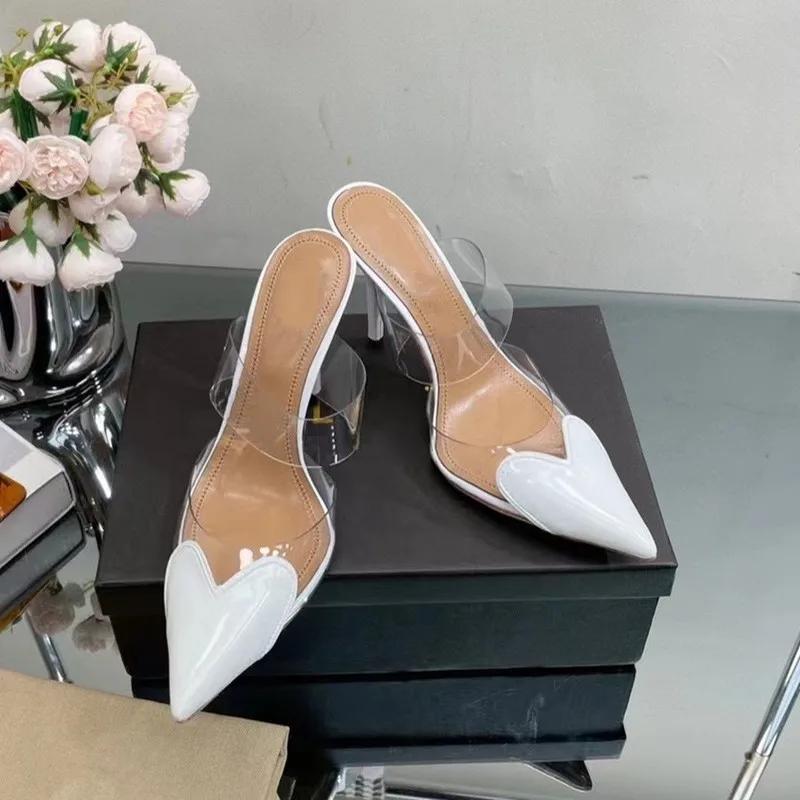 

Мода Елегантний Гострий Носок Прозорий ПВХ Серце Високі Підбори Мюлі Тапочки Жіночі 2025 Чорні Білі Червоні Туфлі Розкішні Дизайнерські Туфлі-Човники 38 білий