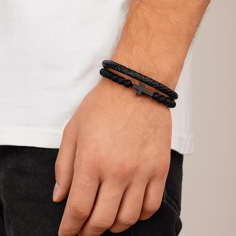 Charm Leather Double-Row Braided Bracelet Magnetic Bible Verse Lava Rock Bead Bracelet Black Christian Bracelet Chain Gift