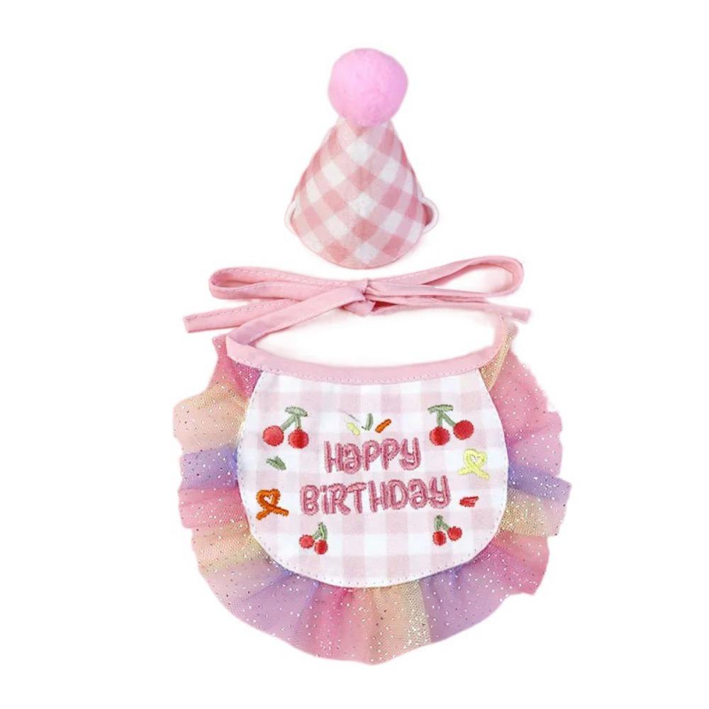 

Plaid Birthday Embroidered Dog Bib Letter Graphic Lovely Pet Scarf Hat Set Dog Saliva Towel Gift розовый