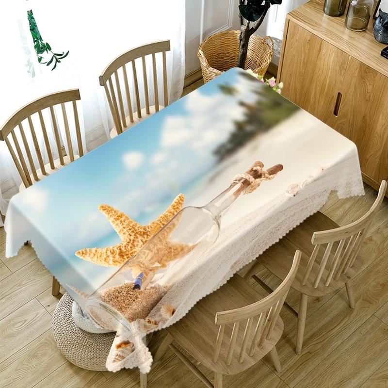 Conch Shell Seascape Pattern Resort Beach Tablecloth Thicken Cotton Rectangular Round Table Cloth For Wedding Picnic Party