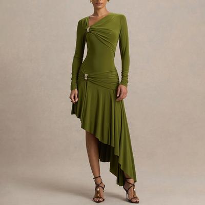 European and American Style Autumn New Fashion Temperament Slim Hip Wrap Sexy Pleated Irregular Hip Wrap Dress