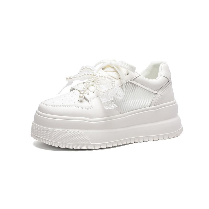 Leather mesh white shoes women's summer thin breathable light thick sole increase small casual sports board shoes