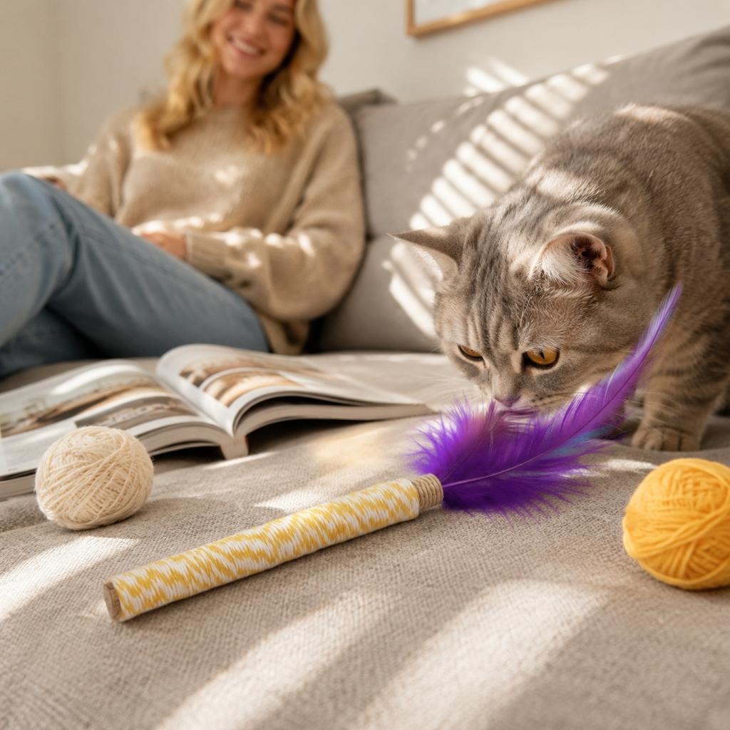 Cat Toy with Silvervine Fruit Feather Teaser Natural Chew Stick Interactive Pet Play Wand for Cats and Kittens