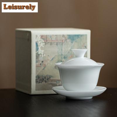 115 ml porțelan de jad cu gheață Gaiwan antic Dehua alb Trei talente pavot de ceai capac pentru prepararea ceaiului bol Servicii de decorare