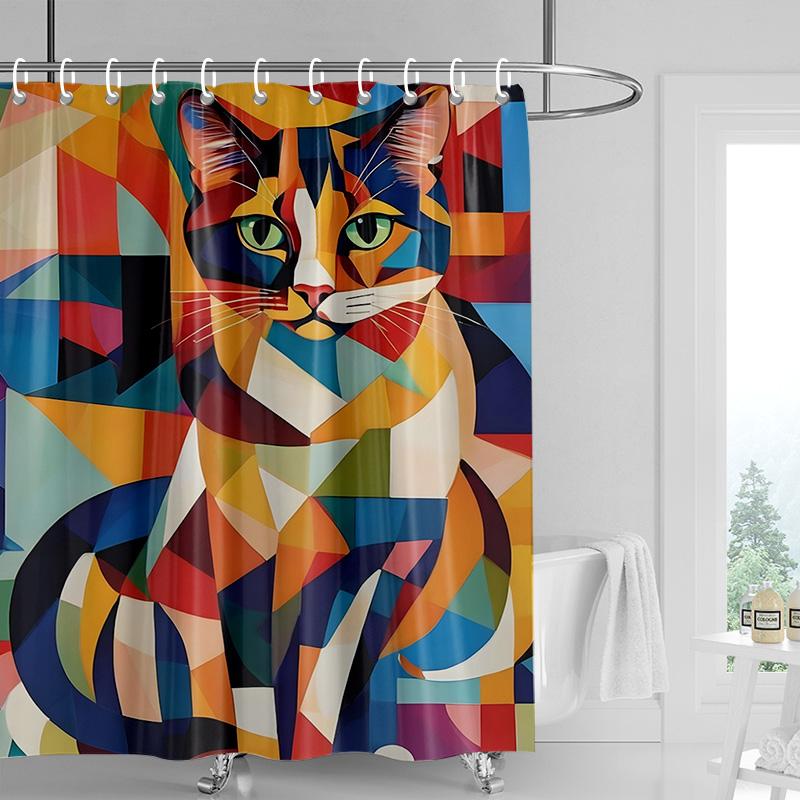 Cartoon cat waterproof shower curtain home decoration bathroom partition shower curtain 180x 200cm with 12 hooks
