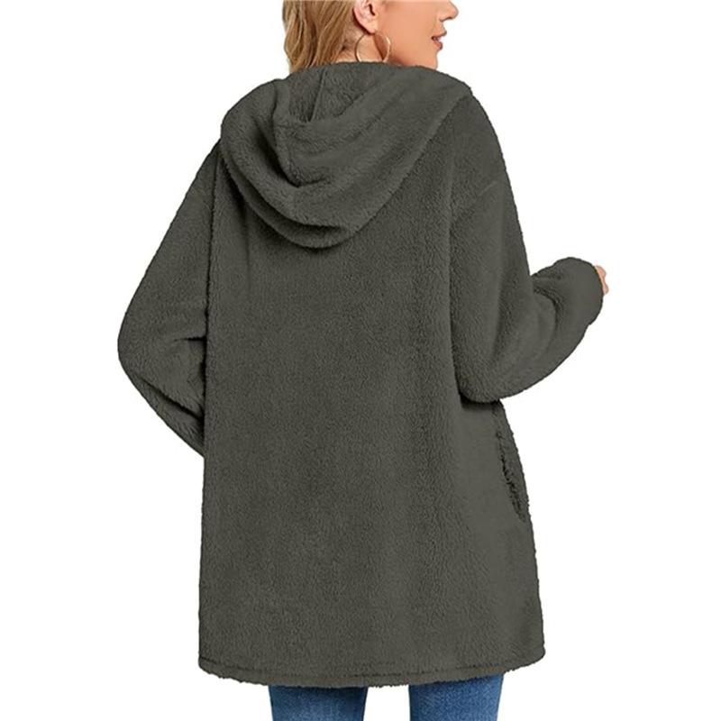 Women's Long Sleeve Button Pocket Casual Plush Hooded Jacket
