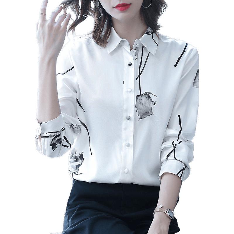 2025 Women's Long Sleeve Rose Print Chiffon Blouse - National Style Plus Size Fashion Top