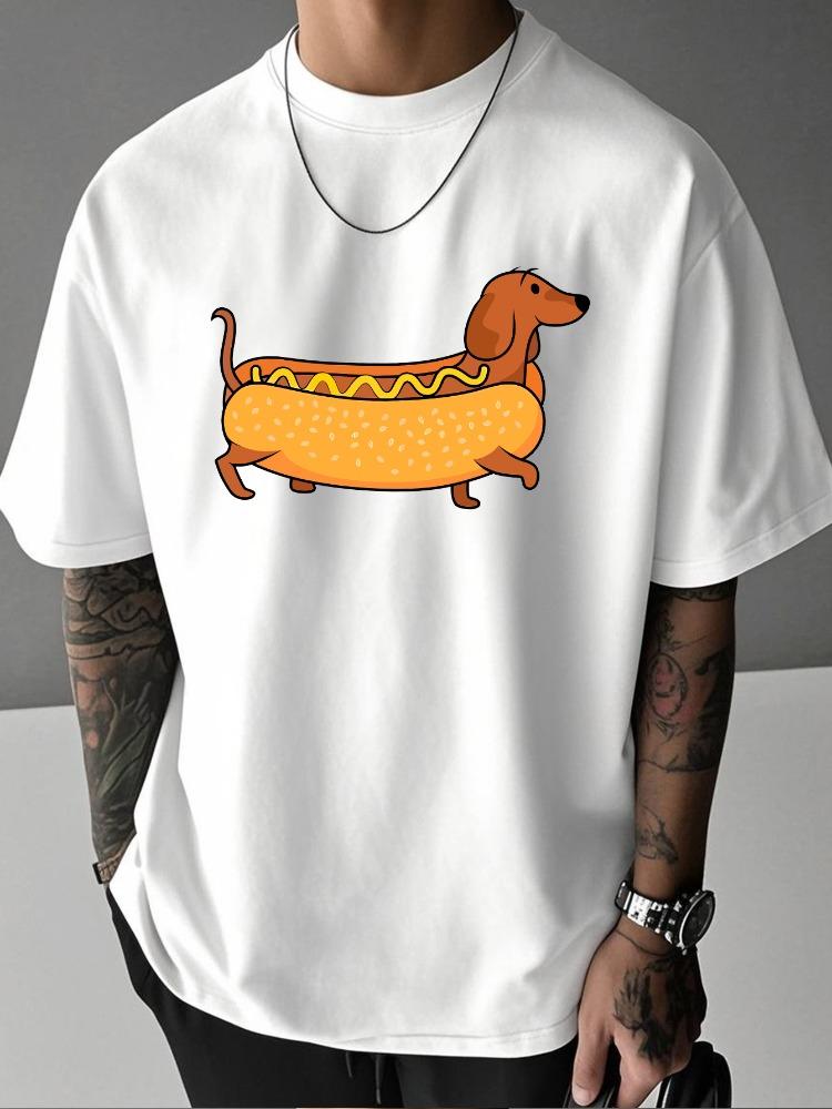Unisex Summer Dark Green Short Sleeve Tee Funny Dachshund Hot Dog Cartoon Graphic Print Crew Neck Loose Streetwear Male Tops