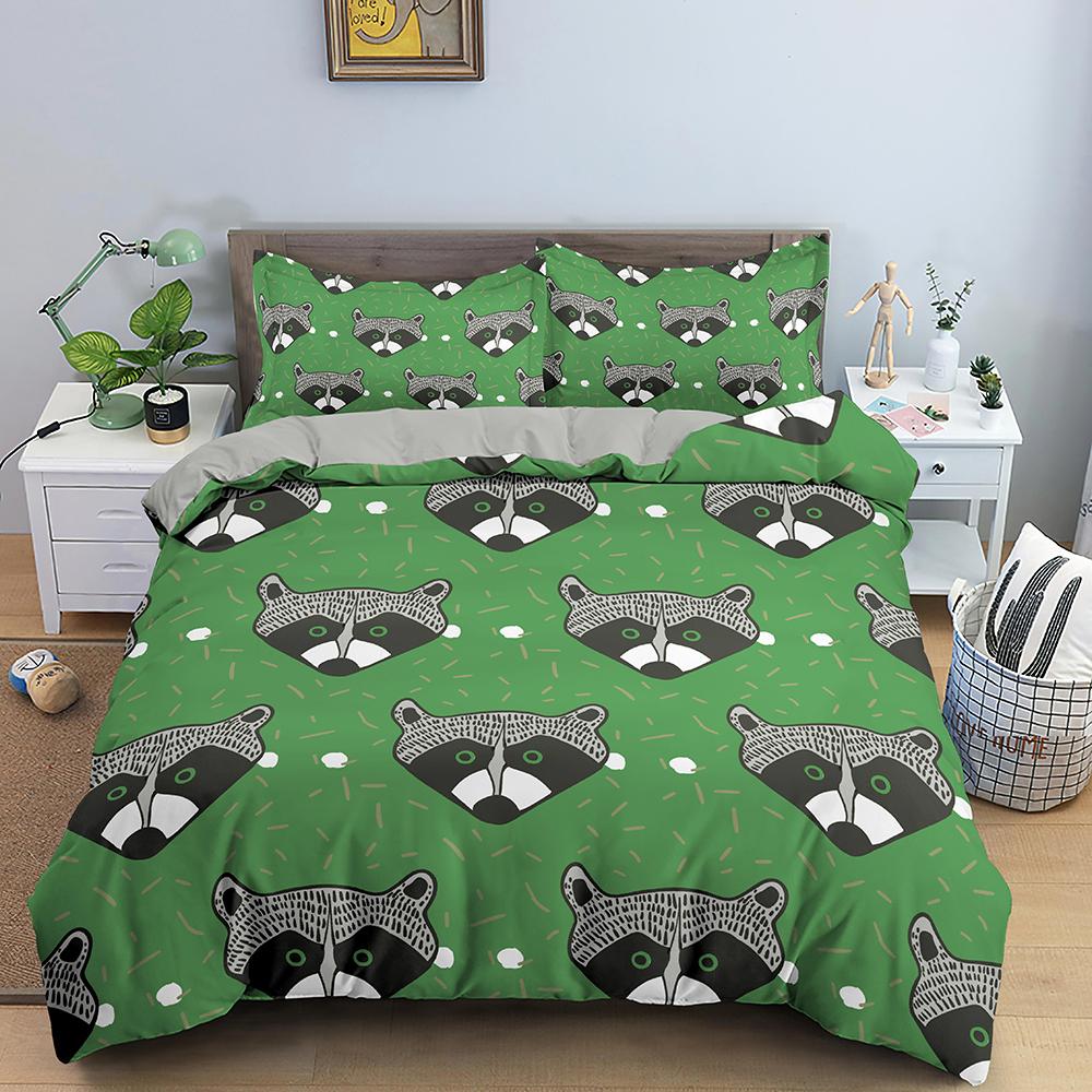 Raccoon Duvet Cover Set Grey Black Wild Animals Colourful Background King Queen Size Comforter Cover Polyester For Kids Boy Girl