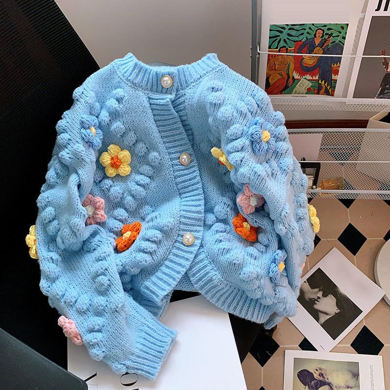 

Женский осенне-зимний вязаный кардиган с вышивкой цветов, модный свитер с длинными рукавами контрастного цвета one size fits all синий