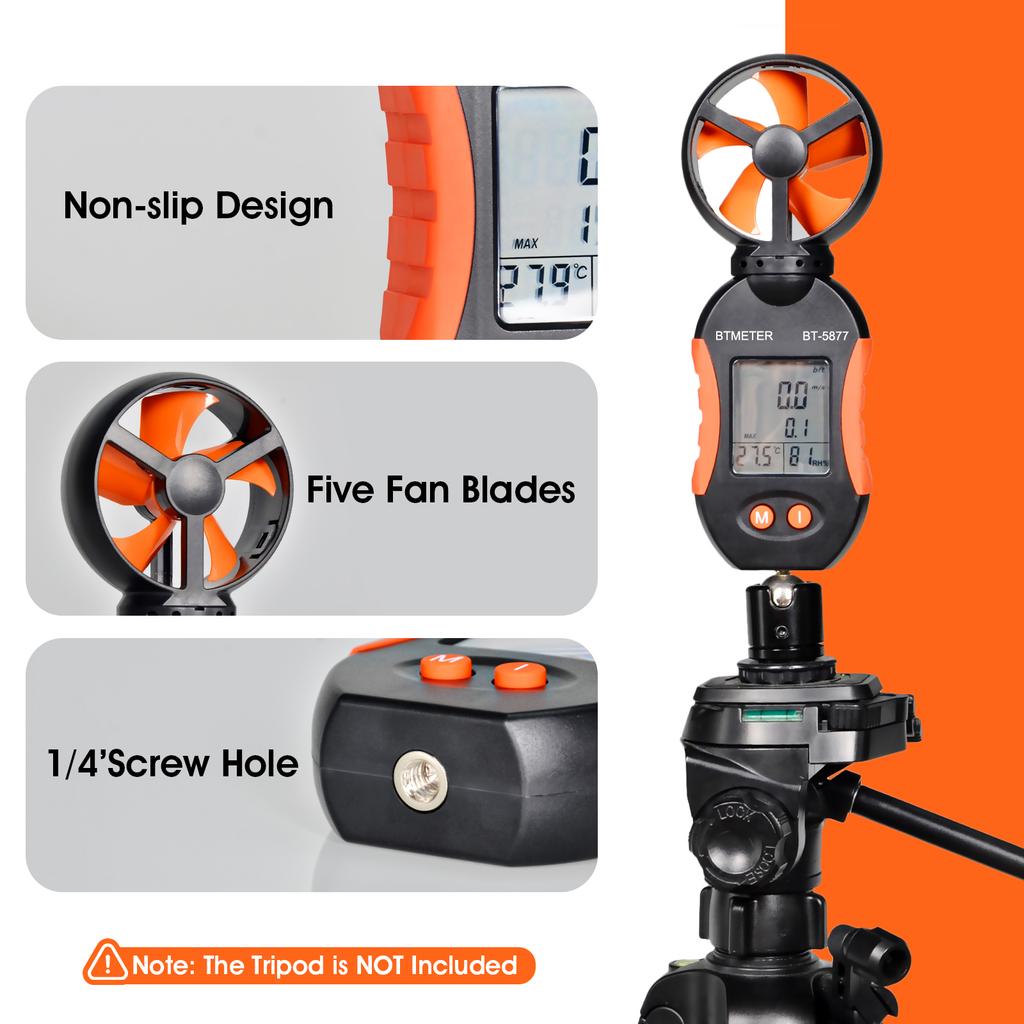  Portable Digital Anemometer, BT-5877 Orange Wind Foliage, Speed Detection Range Mph 1~65, For Meteorological Monitoring