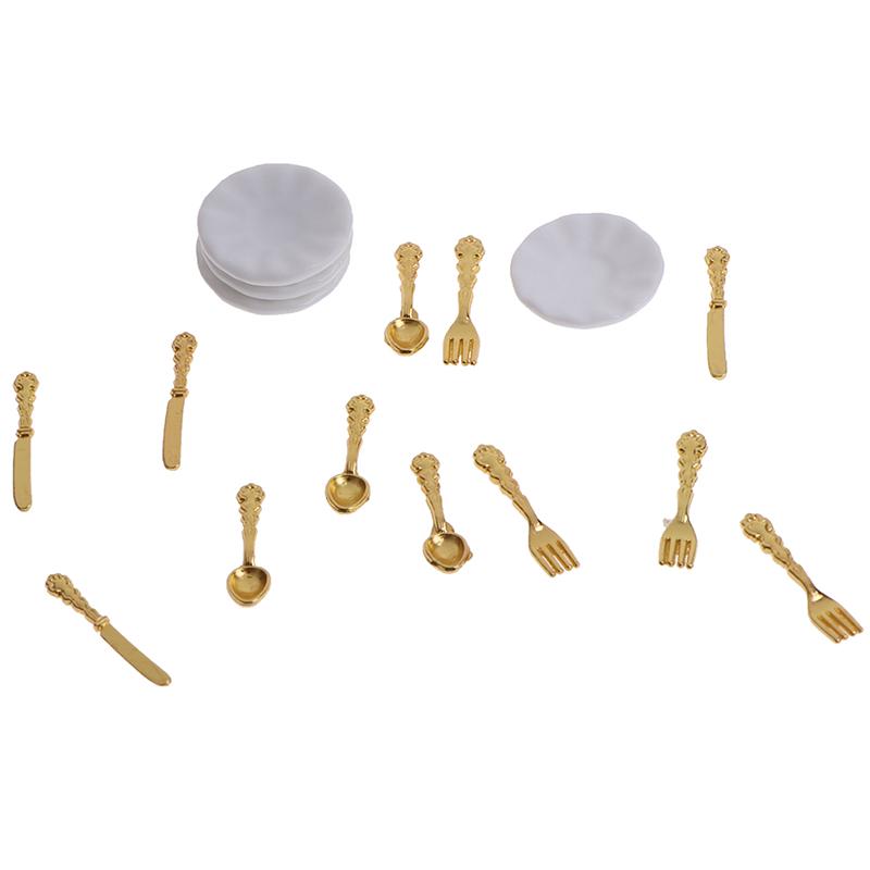 12Pcs/Set Vintage Dollhouse Miniatures Tableware Ceramic Plate Knife Fork Spoon