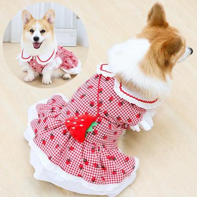 Vestido Fofo de Morango para Cachorro Estilo Ins Verão Primavera Cachorro Pequeno Xadrez Estampa de Morango Roupas para Animais de Estimação Gato Filhote Vestuário Vermelho Rosa