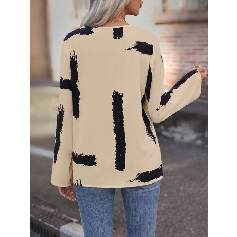 Women Black White Abstract Print V Neck Roll Tab Long Sleeve Casual Blouse