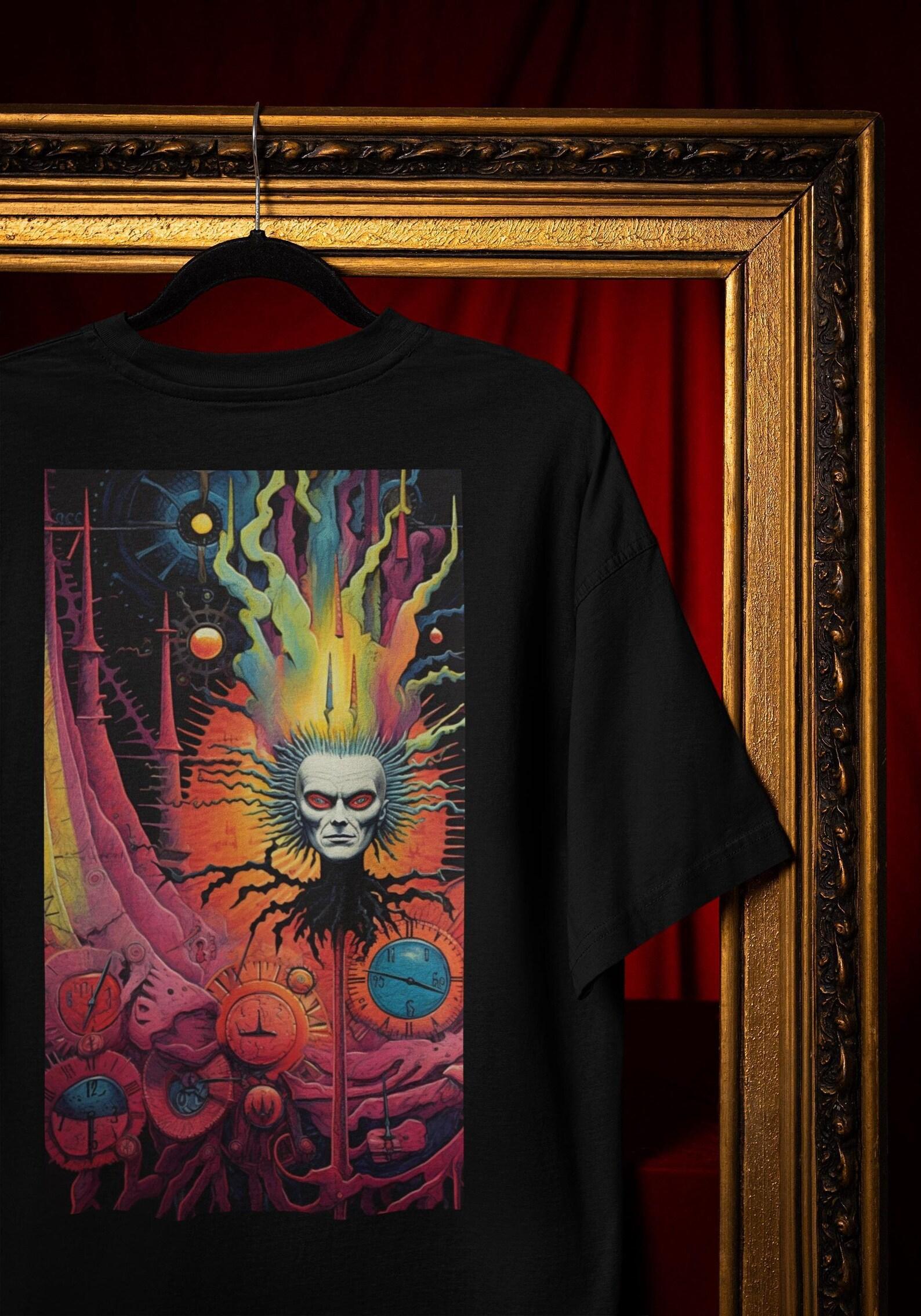 Psychedelic Cosmic Horror T-Shirt: Surreal Melting Clocks, Red Eyes Comfort Colors® 3XL