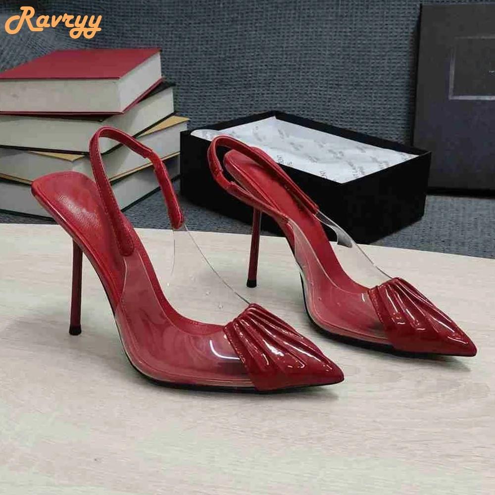 Patent Leather Pleated Stiletto High Heels Pvc Cover Pointed Toe Sandals Women Sexy Back Strap Sandals Black/red/nude
