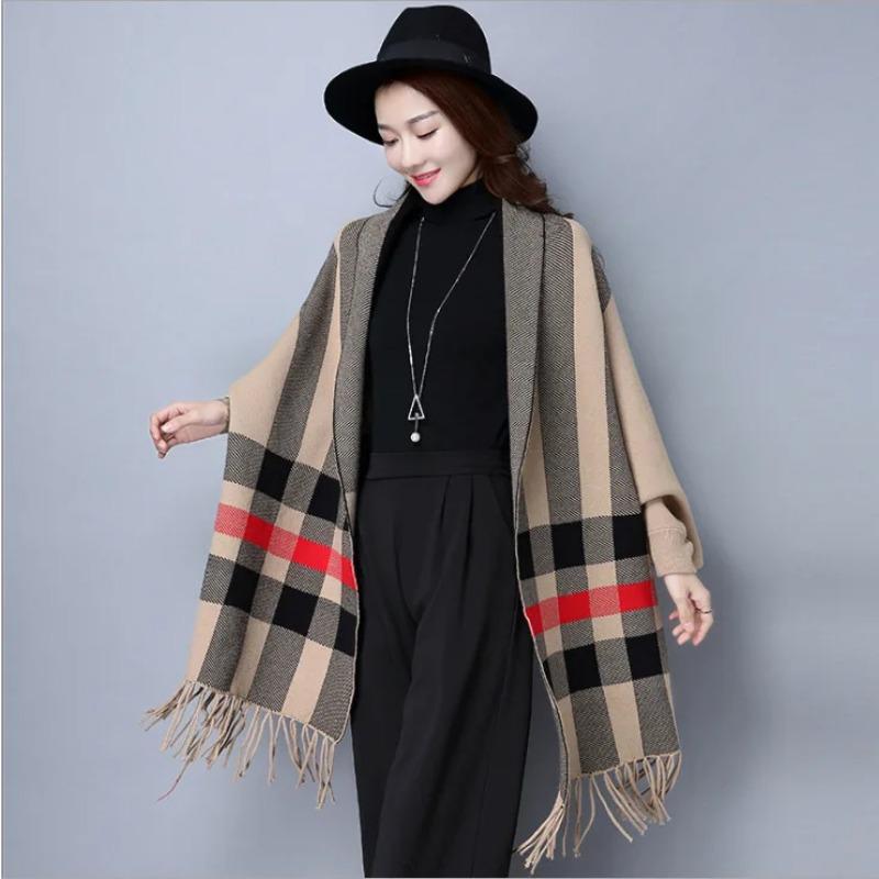 

Женская осенняя накидка с длинными рукавами «летучая мышь», большая накидка-маятник, уличная одежда, зимнее вязаное полосатое пончо, винтажное пальто с шалью и кисточками ONE SIZE хаки