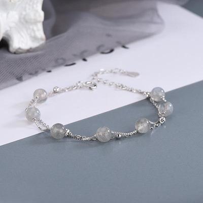 Bracelet double couche en argent sterling S925 avec pierre de lune en cristal et perles grises
