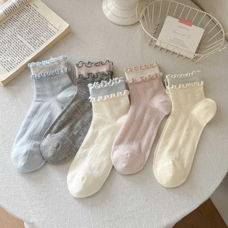 Summer Lightweight Ankle-length Ballet-style Mesh Open-weave Earflap Pile Socks, Sweet Socks Made of Pure Cotton