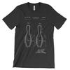Bowling Pin Patent T-Shirt.100% Cotton Comfy Tee on Black White or Gray. NEW