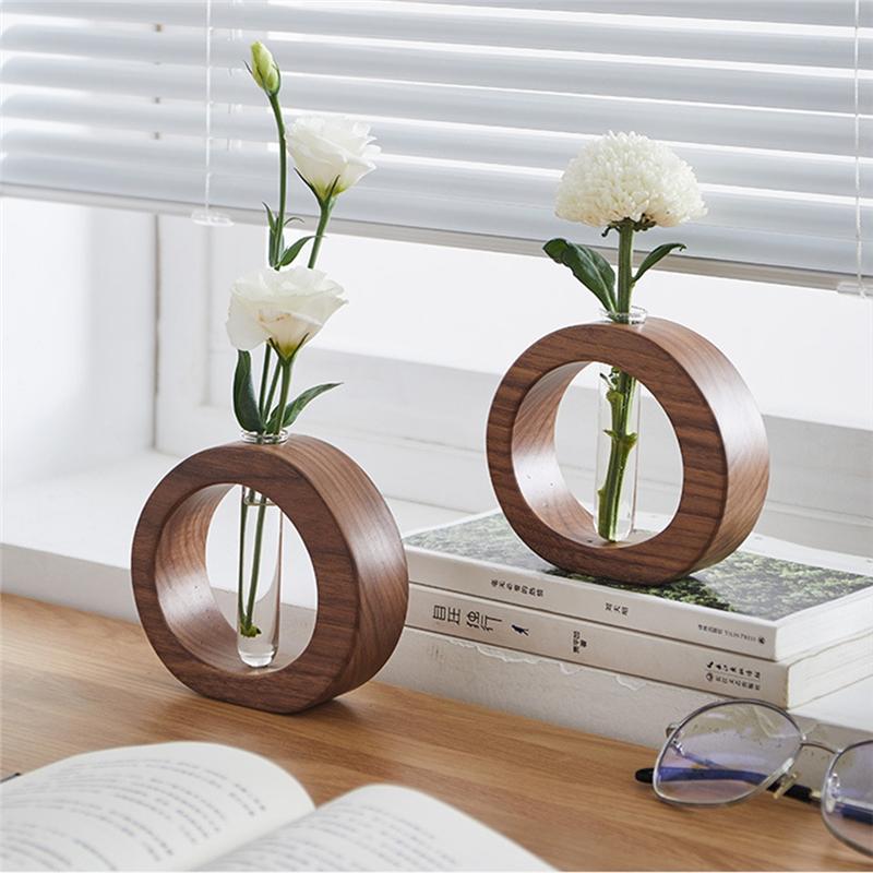 A84X-Flower Pot Wooden Vases Solid Wood Glass Vase Walnut Wood And Glass Flower Vase Decorative Vases Set Modern Home Decor B