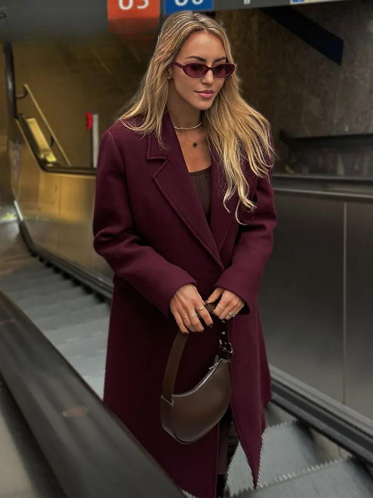 Women Fashion Burgundy Woolen Coat Double Breasted Long Sleeve Lapel Blends Jacket Autumn Winter High Street Outerwear